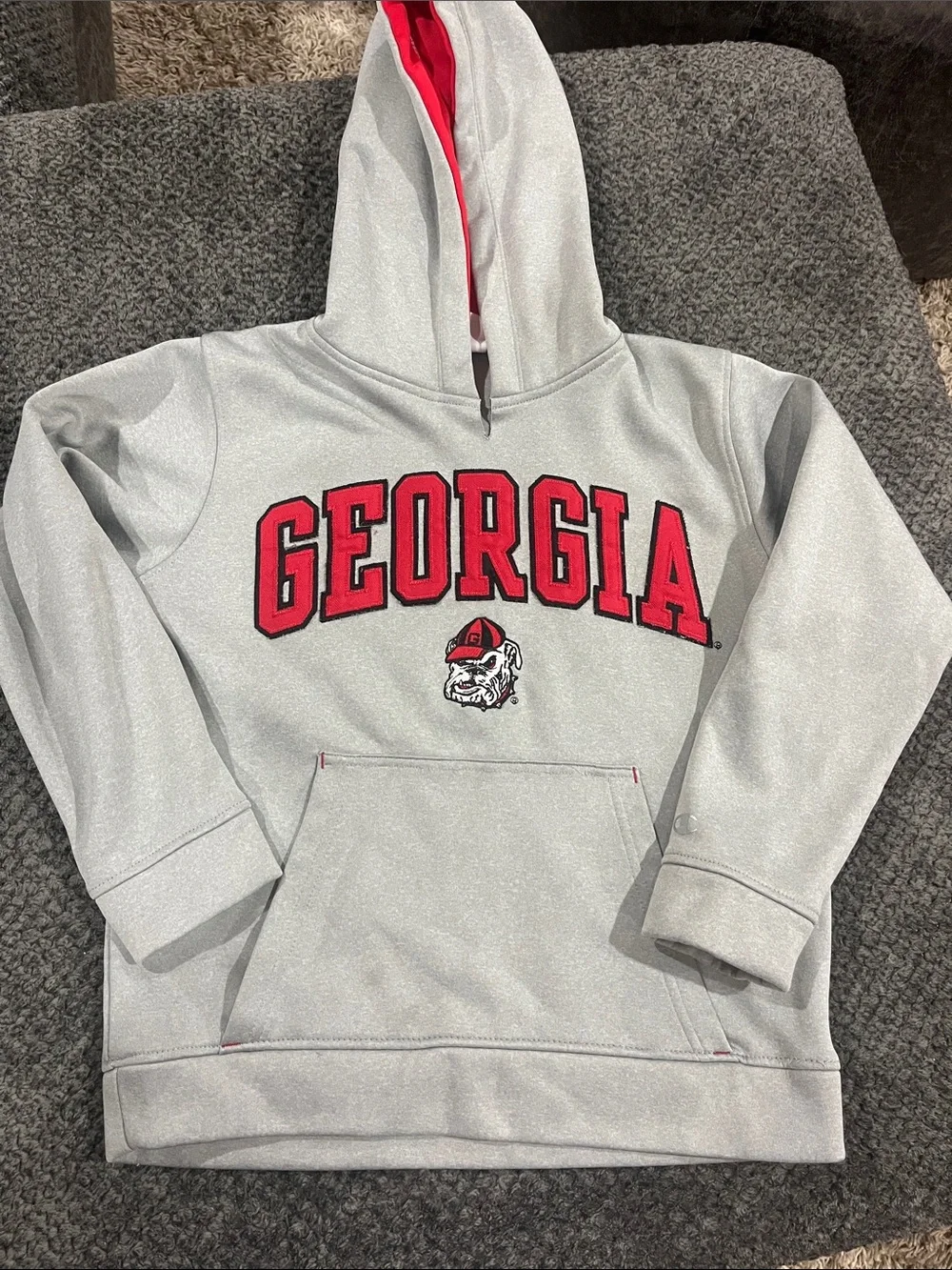 Georgia Kids' Hooded Pullover Sweatshirt - Light Gray with Red Logo